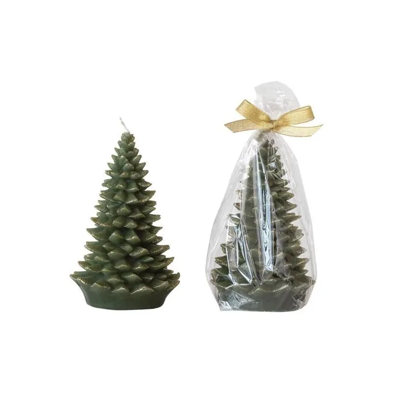 Green Unscented Tree‑shaped Wax Candle – Creative Co‑op Holiday Décor