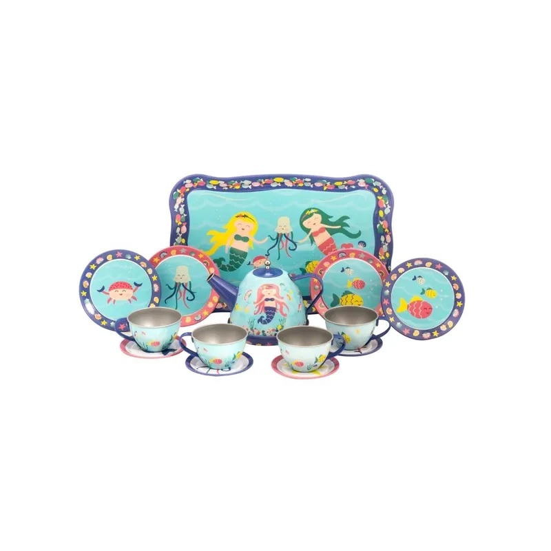 Schylling Mermaid Tin Tea Set 15 Piece With Serving Tray