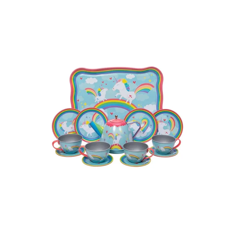 Unicorn Tin Tea Set - 15 Piece Multicolored Play Set With Serving Tray