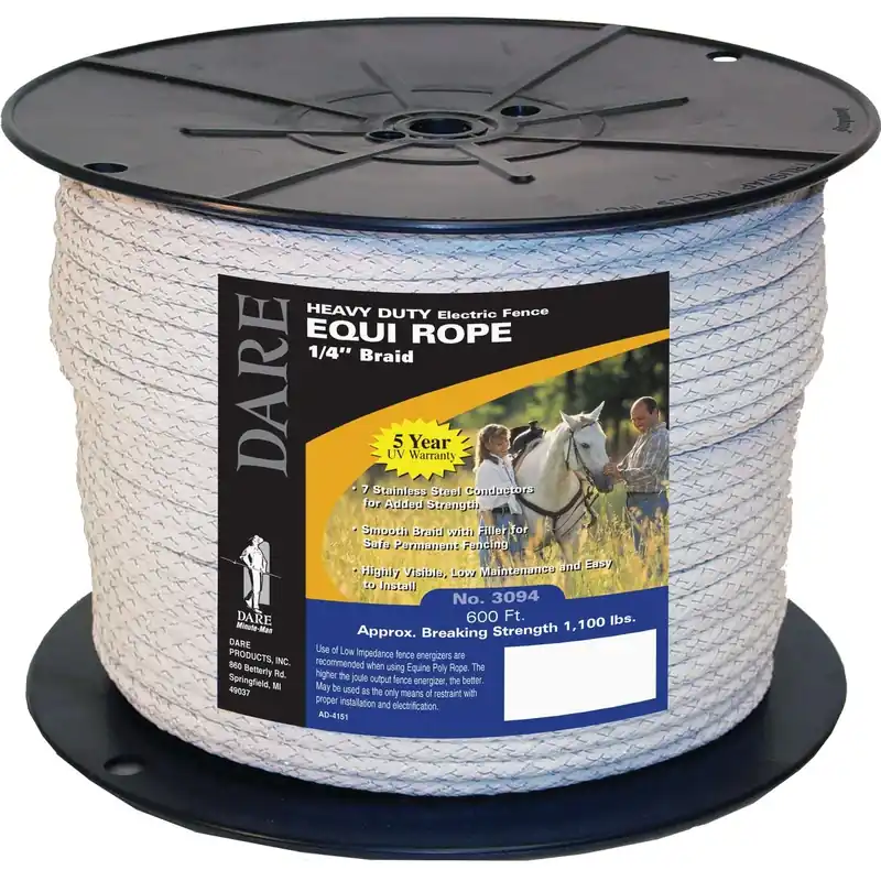 Electric Fence Rope, Braided White Dacron & Stainless Steel, 6mm X 600 Ft.