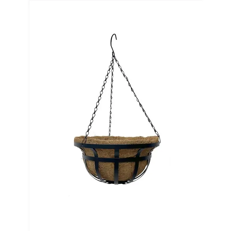 12 Inch Steel Round Hanging Basket With Liner, Black