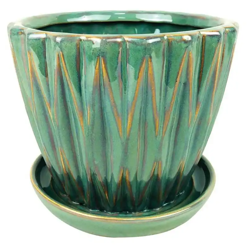 Green Round Ceramic Planter With Drainage – 9" X 10.25" Indoor Pot