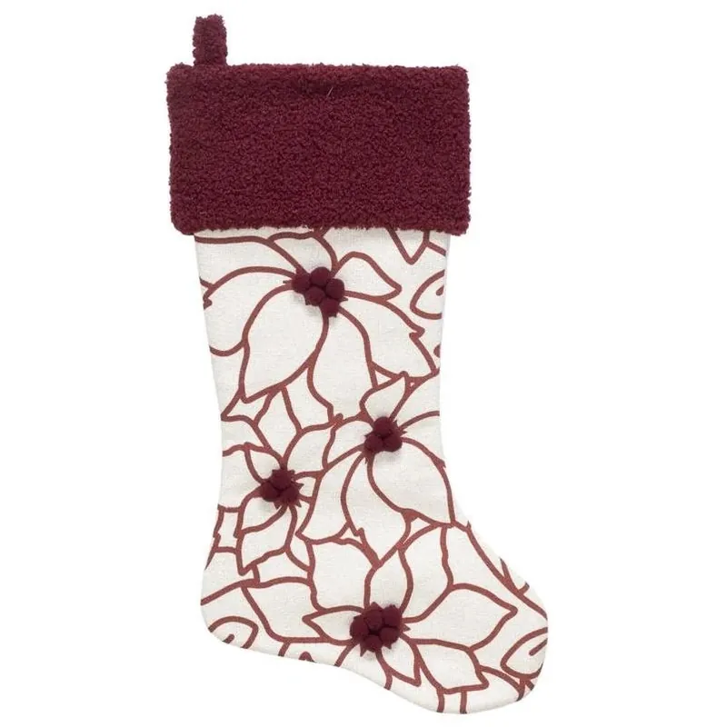 20‑inch Ivory & Red Poinsettia Holiday Stocking – Faux Linen