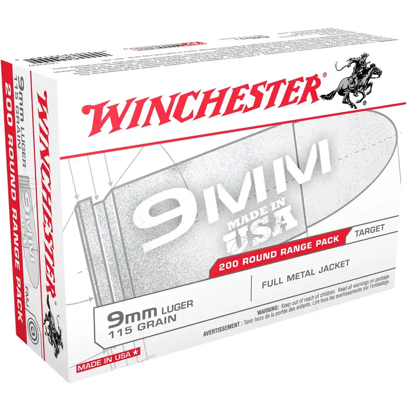 9mm Luger Handgun Ammunition, 115 Grain Full Metal Jacket, 200 Rounds