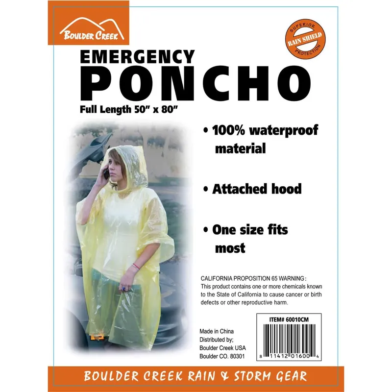 Yellow Pvc Emergency Poncho 50" X 80" One Size Fits All