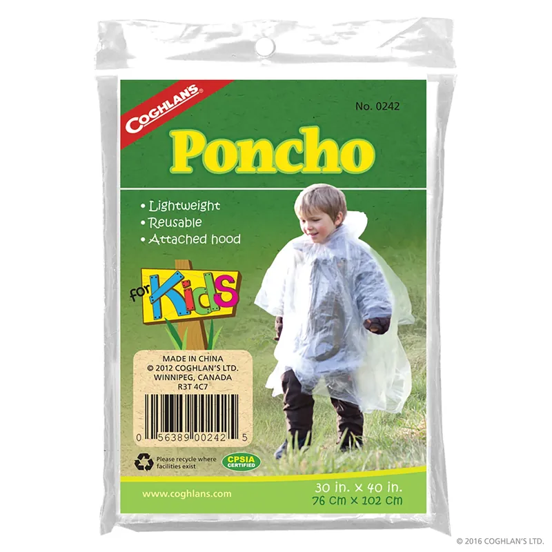 0242 Clear Plastic Poncho For Kids With Attached Hood, One-size