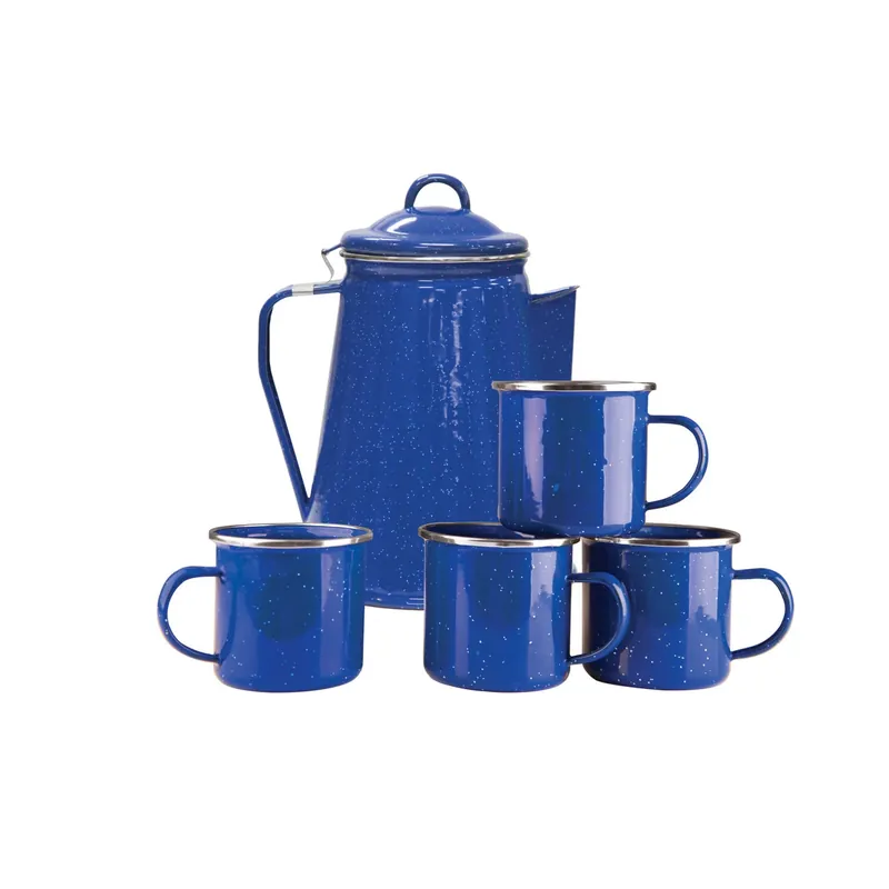 Enamel 8-cup Coffee Pot With Percolator & Four 12-ounce Mugs, Blue