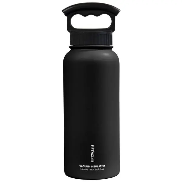 Wide Mouth Bottle With 3 Finger Grip Cap, Matte Black, 34 Ounce