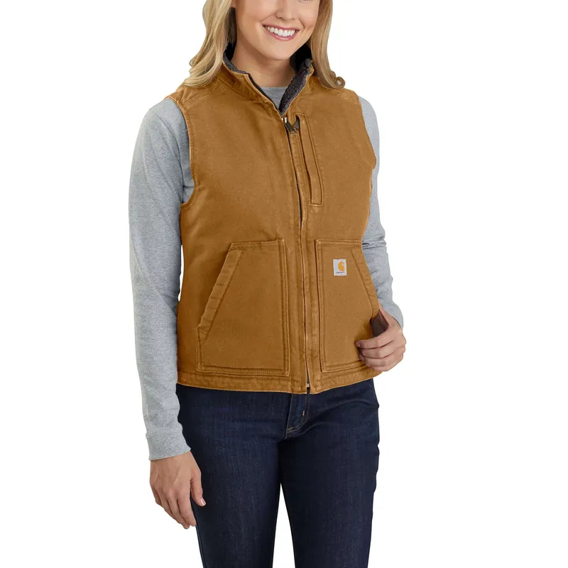 Women‘s Relaxed Fit Washed Duck Sherpa Lined Mock Neck Vest - Small