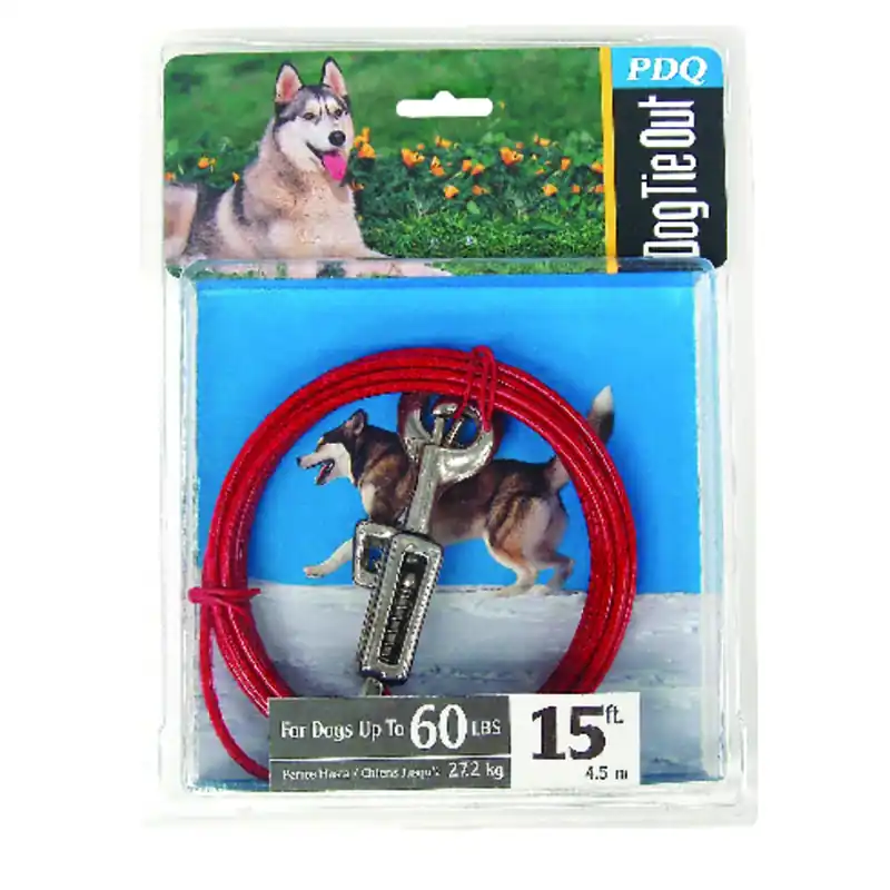 Red Vinyl Coated Cable Dog Tie-out 15 Ft Large With Spring System