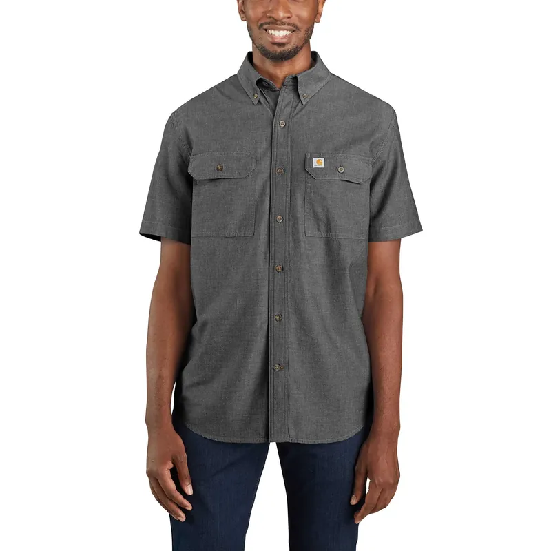 Men‘s Loose Fit Midweight Chambray Short-sleeve Shirt 2xl Black Chambray