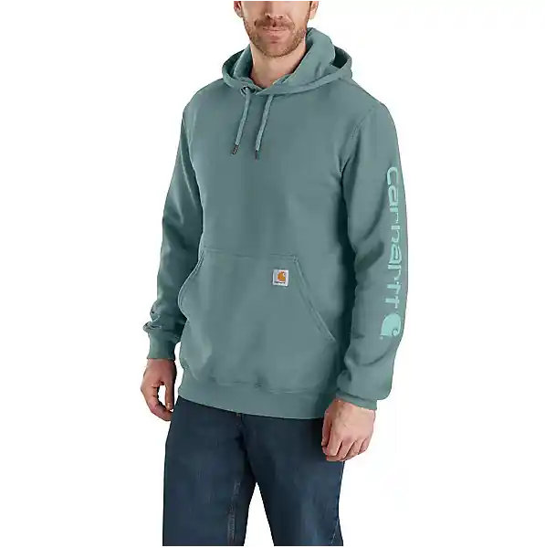 Men‘s Loose Fit Midweight Logo Sleeve Graphic Hoodie, Sea Pine Heather, Small