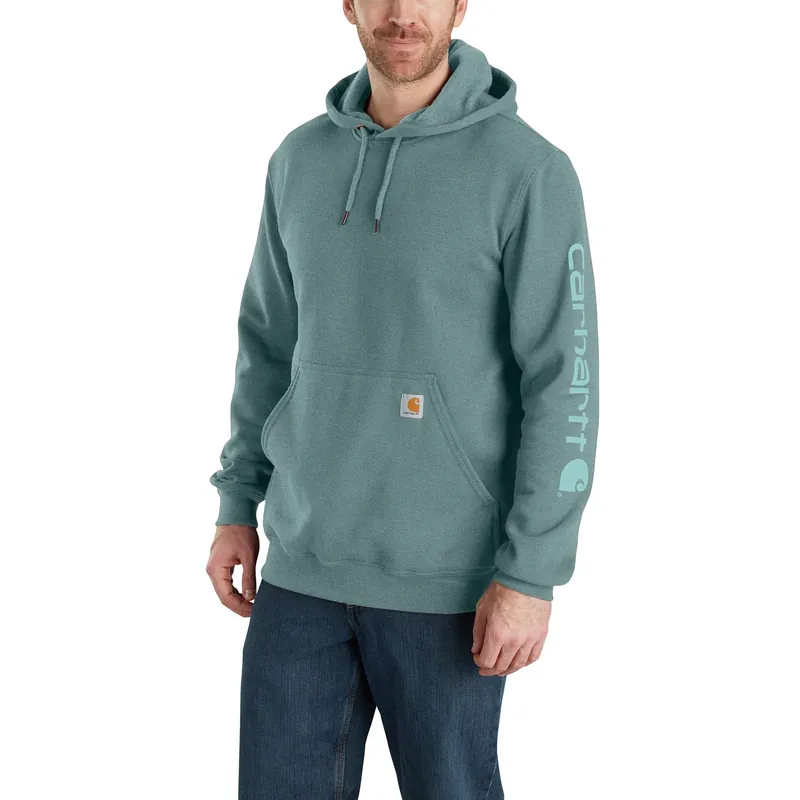 Men‘s Loose Fit Midweight Logo Sleeve Graphic Hoodie, Sea Pine Heather, 3xl