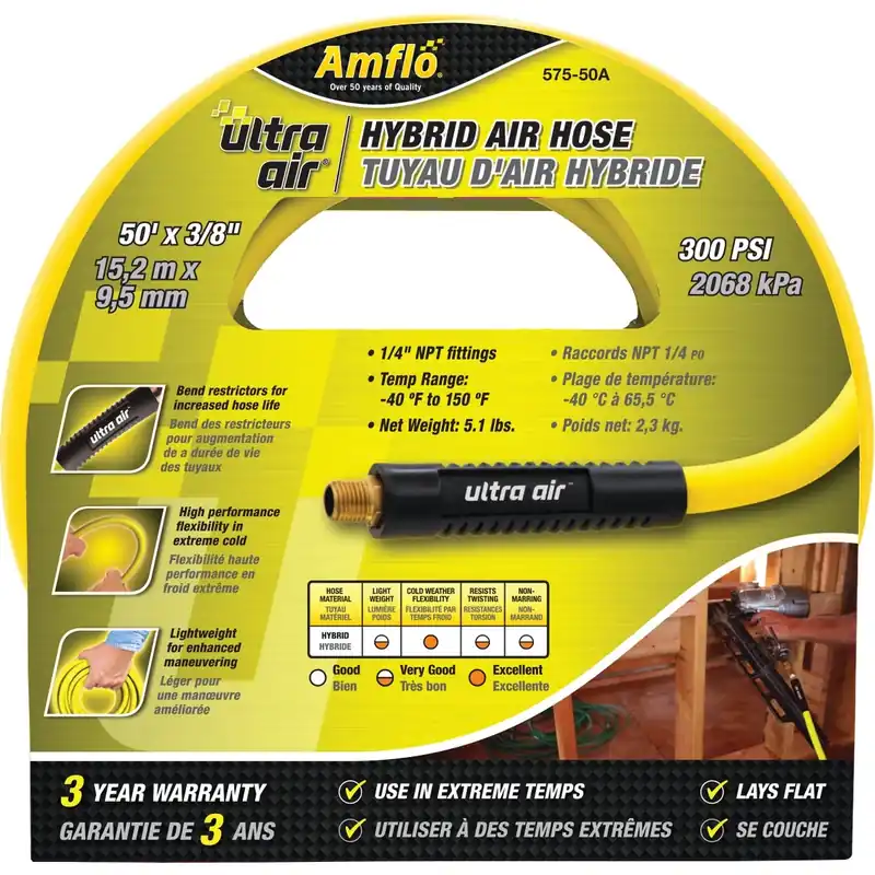 Ultraair 3/8 In. X 50 Ft. Hybrid Pvc/rubber Air Hose 300 Psi Yellow