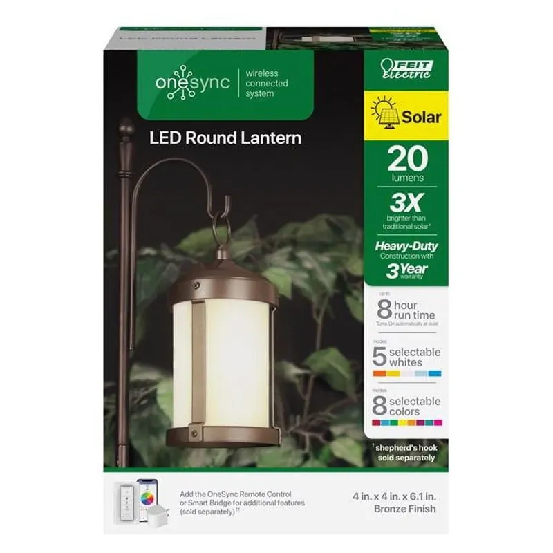 Smart Home 4 In. Solar Power Metal Round Bronze Hanging Lantern With Led