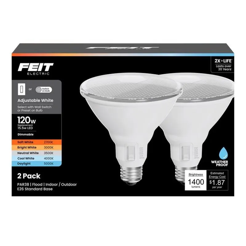 Feit Dimmable 15.5w Par38 Led Bulb – Adjustable White, 120w Equivalent (2‑pack)