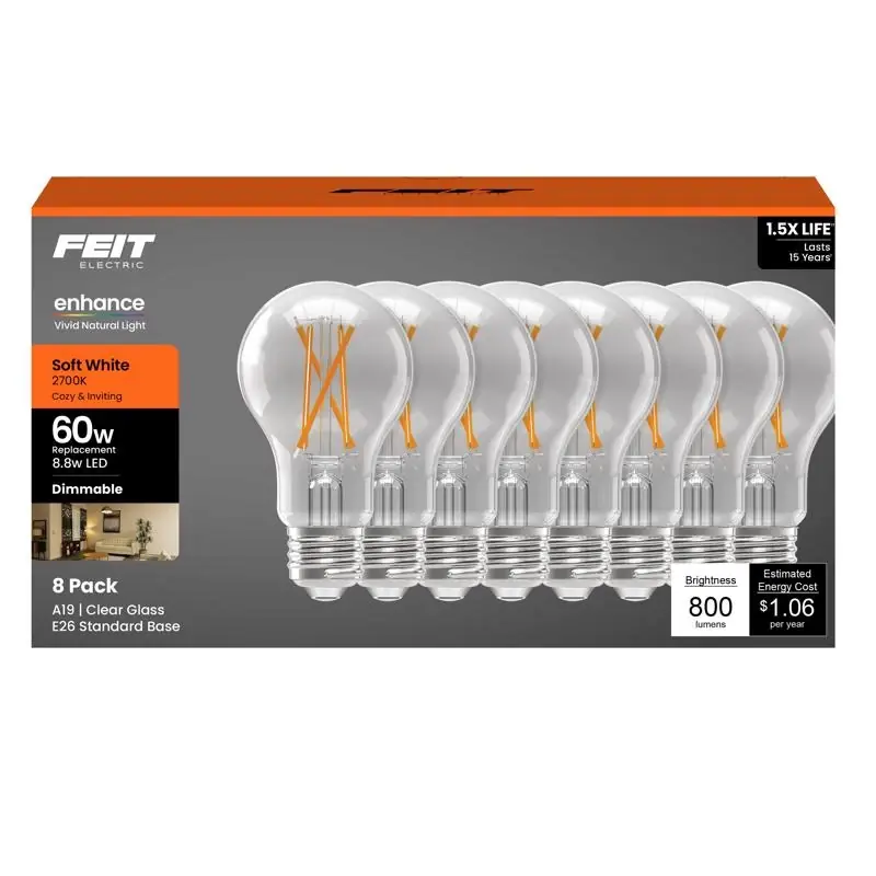 Feit A19 E26 (medium) Filament Led Bulb Soft White 60 Watt Equivalence 8 Pk