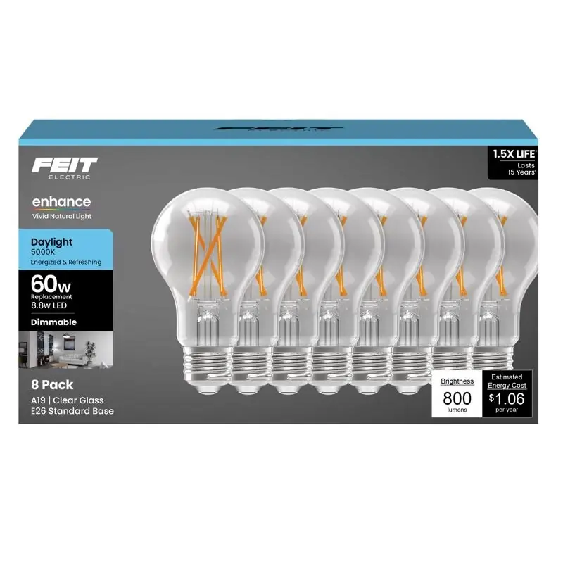 Feit A19 E26 (medium) Filament Led Bulb Daylight 60 Watt Equivalence 8 Pk