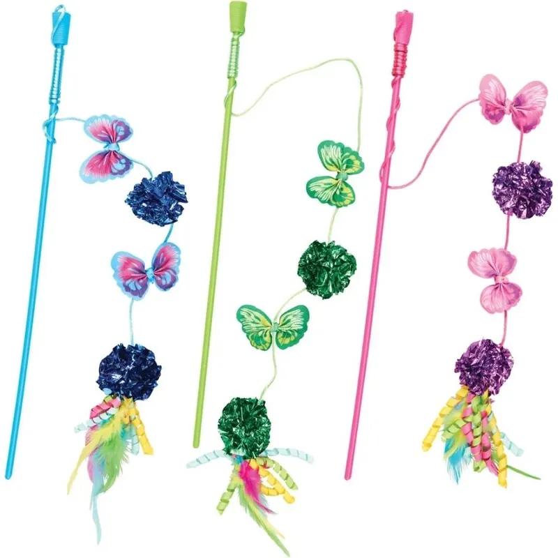 52112 Butterfly & Mylar Teaser Wand Cat Toy - Assorted Color, Pack Of 48
