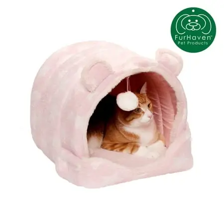 Cozy Cave Bear Fleece Hooded Tent Pet Bed For Cats & Small Dogs, Pink Stars