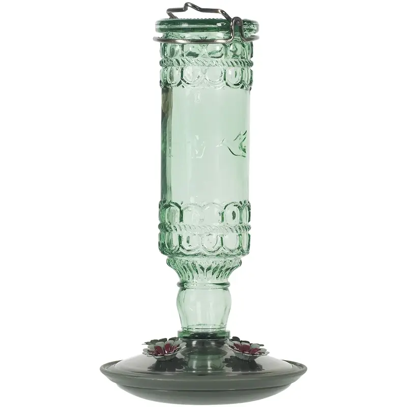 Antique Bottle Glass Hummingbird Feeder, Green