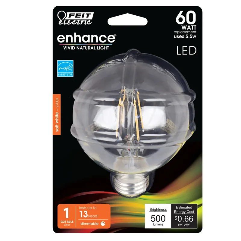 Enhance G25 E26 (medium) Filament Led Bulb Soft White 60 Watt Equivalence 1 Pk