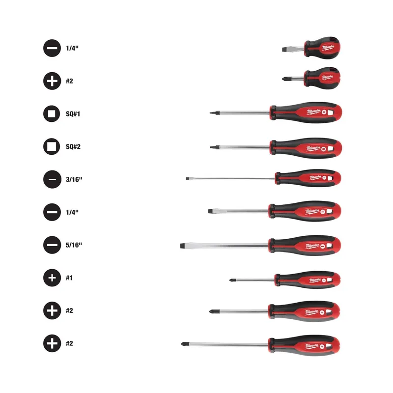 10-piece Screwdriver Set With Phillips, Slotted, And Square Heads