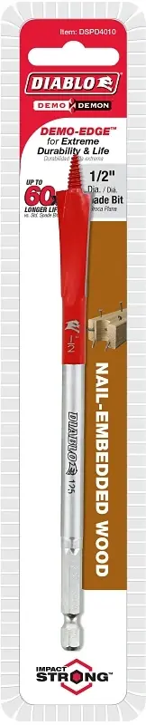 Demo Demon 1/2 In. X 6 In. L High Carbon Steel Nail-embedded Wood Spade Bit Hex Shank 1 Pk