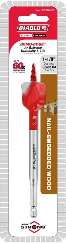 Demo Demon 1-1/8 In. X 6 In. L High Carbon Steel Nail-embedded Wood Spade Bit Hex Shank 1 Pk