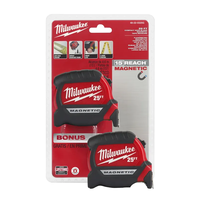 25 Ft. L X 1 In. W Compact Wide Blade Magnetic Tape Measure 2 Pk