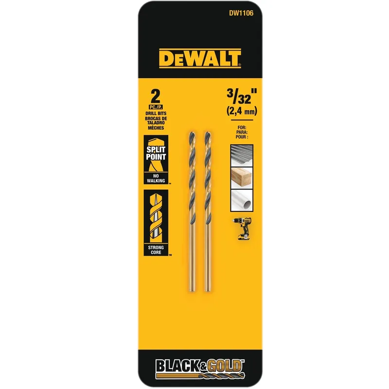 Black & Gold 3/32 In. X 2-1/4 In. L High Speed Steel Split Point Drill Bit Round Shank 2 Pc