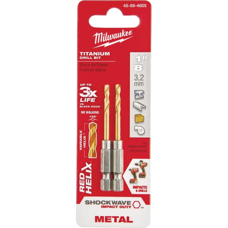 Shockwave 1/8 In. X 2.62 In. L Titanium Red Helix Drill Bit Hex Shank 2 Pc