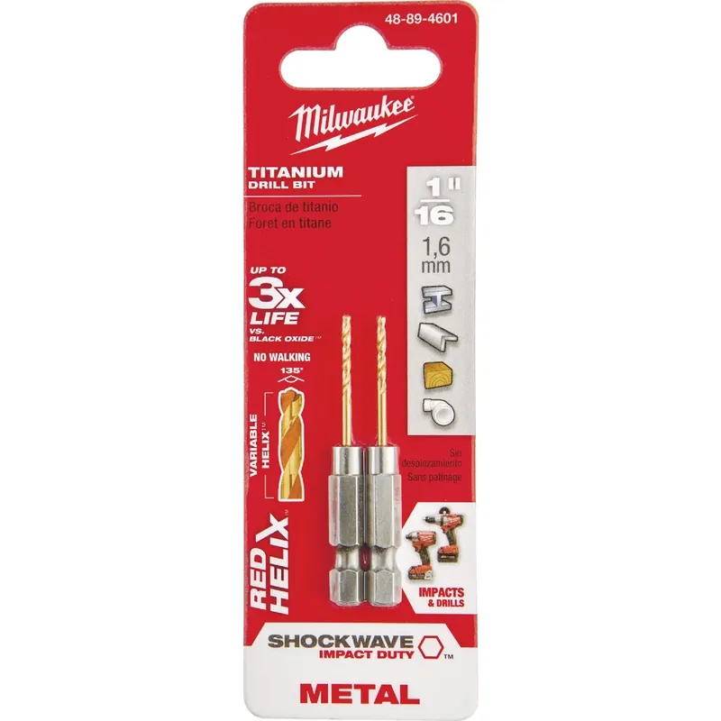 Shockwave 1/16 In. X 2-1/4 In. L Titanium Red Helix Drill Bit Hex Shank 2 Pc
