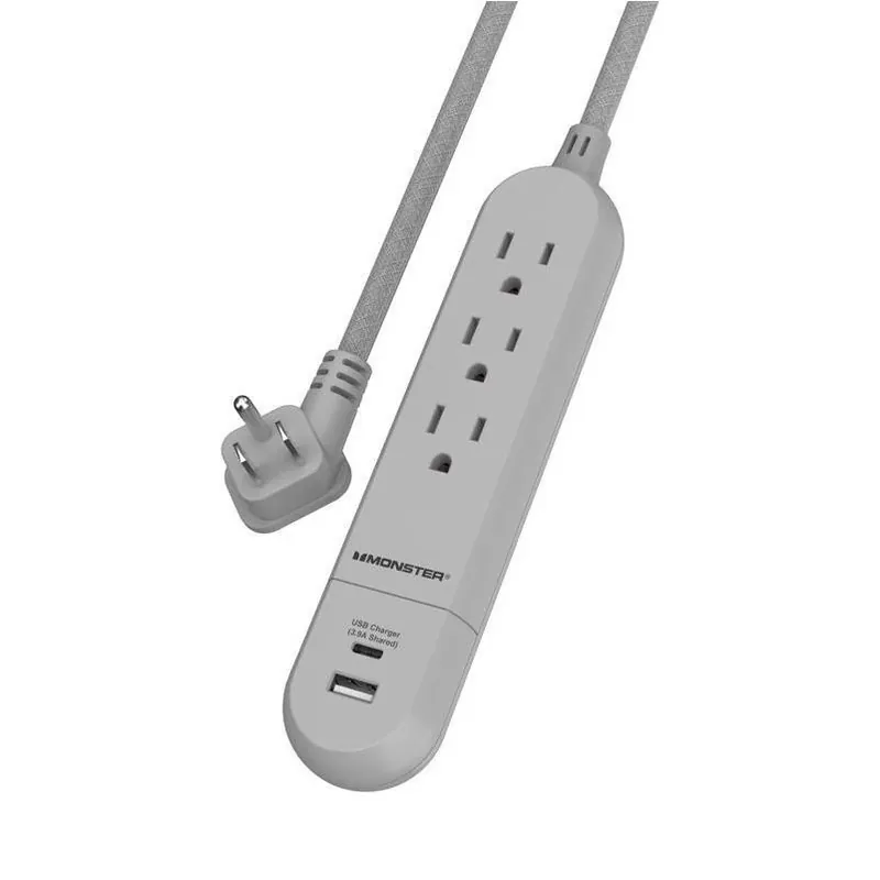 Monster Just Power It Up 4‑ft Gray Power Strip With 3 Ul‑listed Outlets