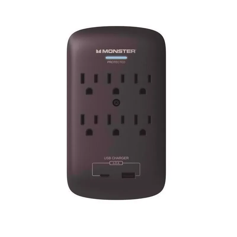 Monster Just Power It Up 6‑outlet Wall Surge Protector With Usb – 1200j Black