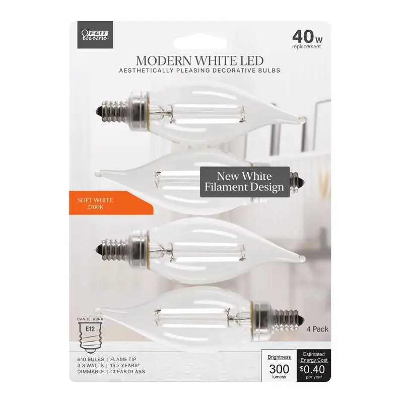 White Ba10 E12 (candelabra) Filament Led Bulb Soft White 40 Watt Equivalence 4 Pk