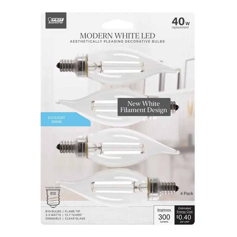 White Ba10 E12 (candelabra) Filament Led Bulb Daylight 40 Watt Equivalence 4 Pk
