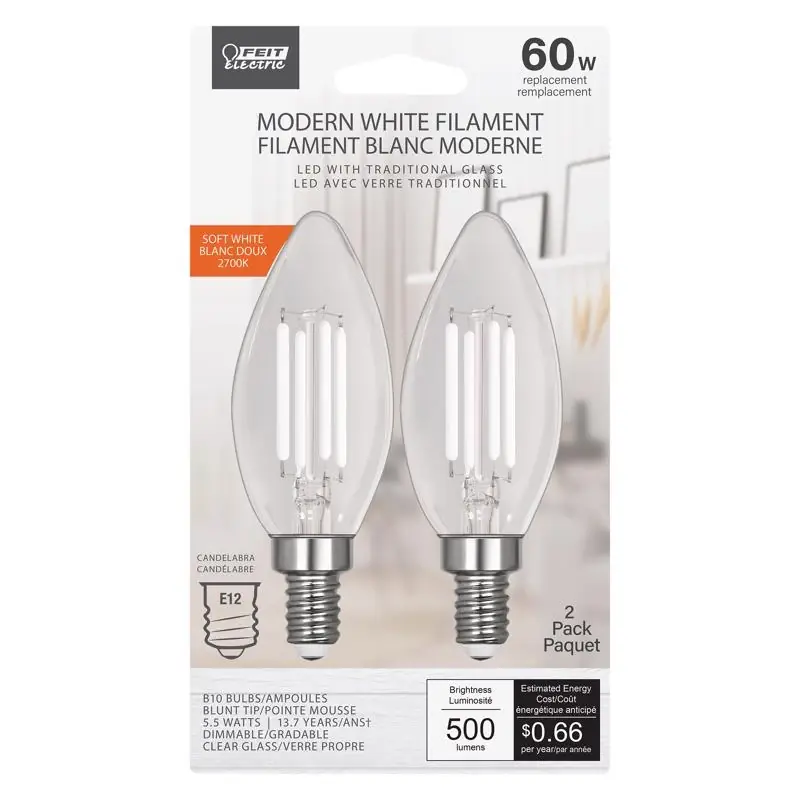 White B10 E12 (candelabra) Filament Led Bulb Soft White 60 Watt Equivalence 2 Pk