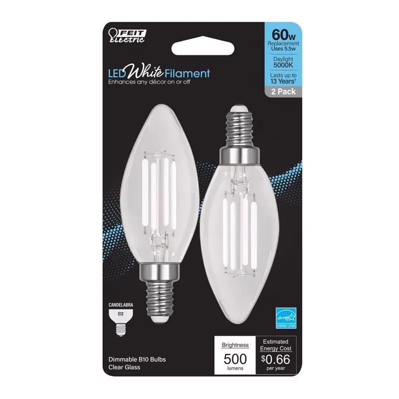 White B10 E12 (candelabra) Filament Led Bulb Daylight 60 Watt Equivalence 2 Pk
