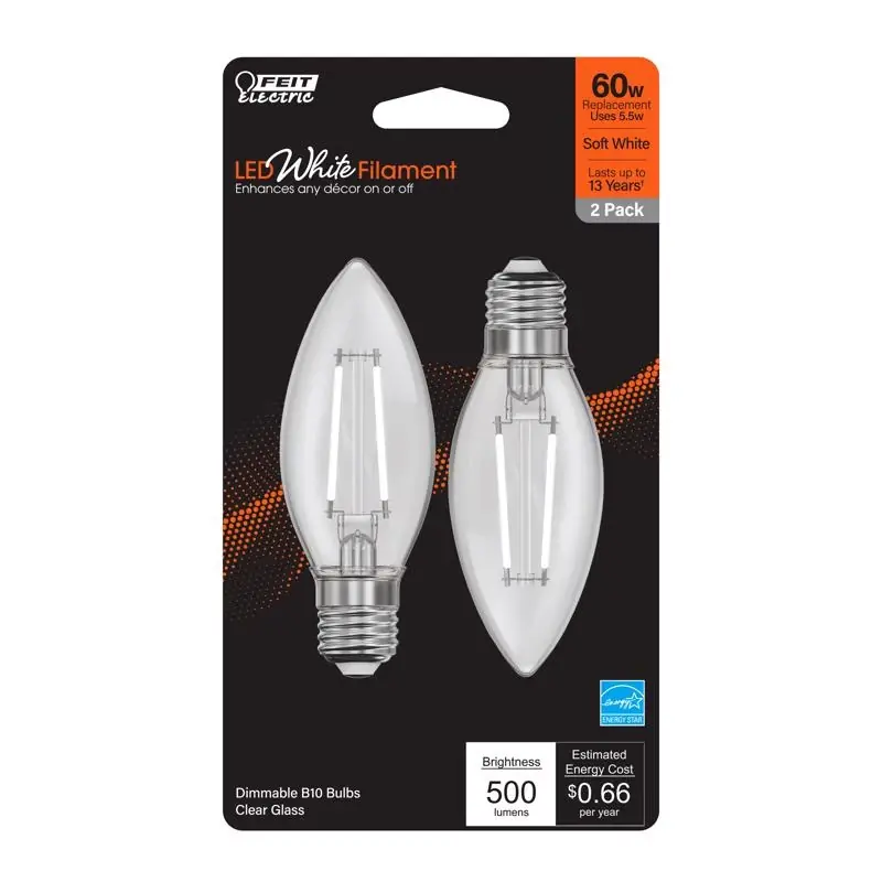White B10 E26 (medium) Filament Led Bulb Soft White 60 Watt Equivalence 2 Pk