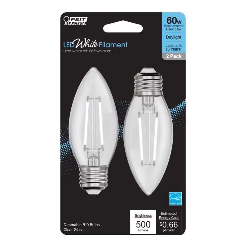 White B10 E26 (medium) Filament Led Bulb Daylight 60 Watt Equivalence 2 Pk