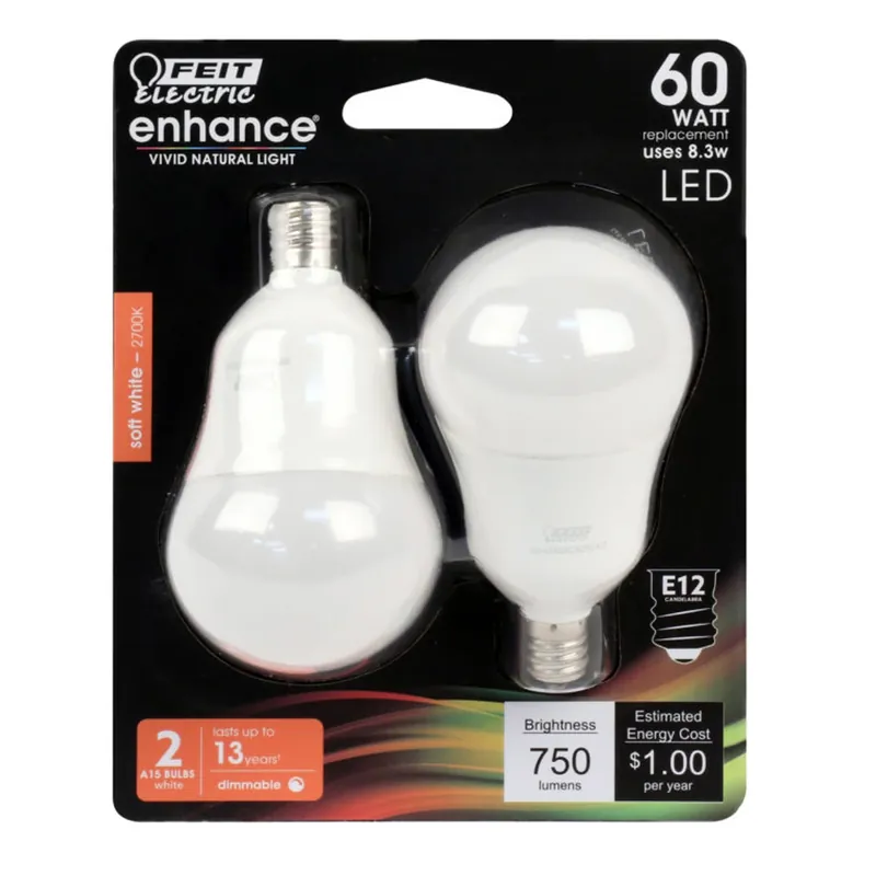 Enhance A15 E12 (candelabra) Led Bulb Soft White 60 Watt Equivalence 2 Pk