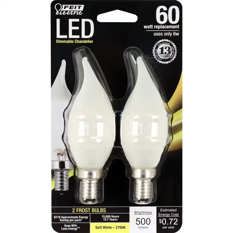 Ca10 (flame Tip) E12 (candelabra) Led Bulb Soft White 60 Watt Equivalence 2 Pk