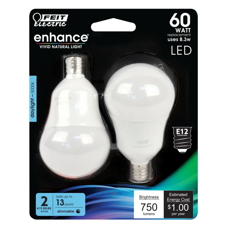 Enhance A15 E12 (candelabra) Filament Led Bulb Daylight 60 Watt Equivalence 2 Pk