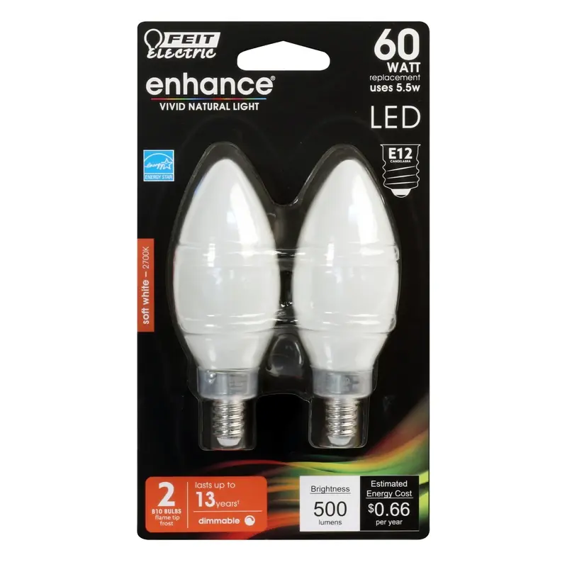 Enhance Blunt Tip E12 (candelabra) Filament Led Bulb Soft White 60 Watt Equivalence 2 Pk