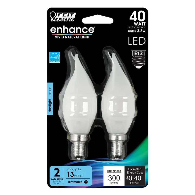 Enhance Ca10 (flame Tip) E12 (candelabra) Filament Led Bulb Daylight 40 Watt Equivalence 2 Pk