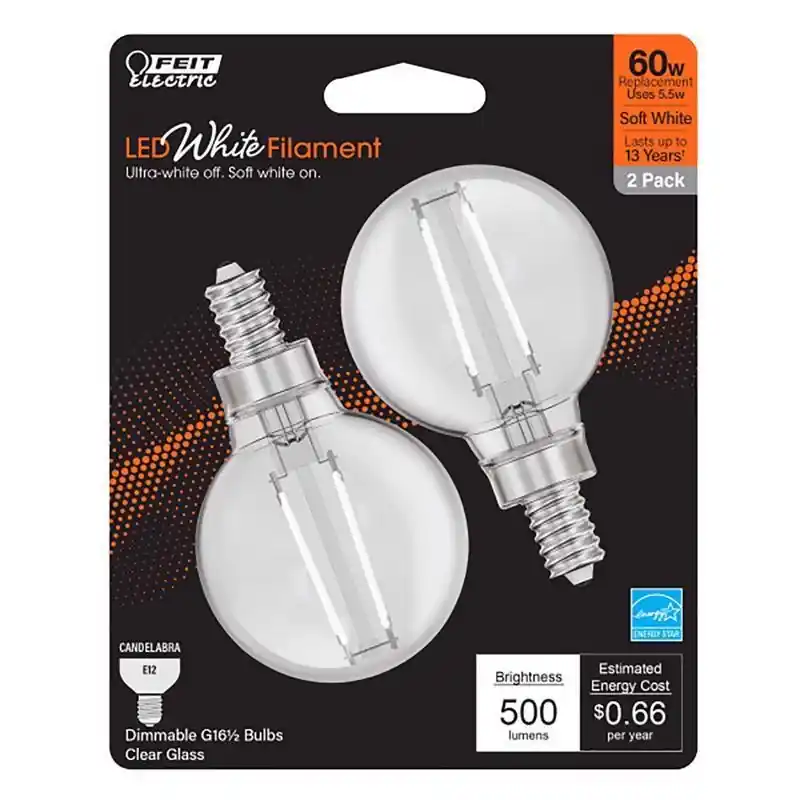 White G16.5 E12 (candelabra) Filament Led Bulb Soft White 60 Watt Equivalence 2 Pk