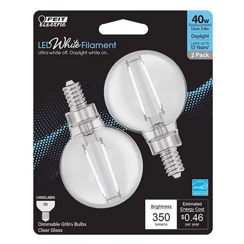 White G16.5 E12 (candelabra) Filament Led Bulb Daylight 40 Watt Equivalence 2 Pk