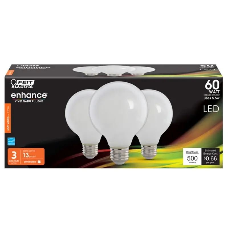 Enhance G25 E26 (medium) Filament Led Bulb Soft White 60 Watt Equivalence 3 Pk