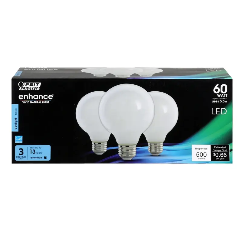 Enhance G25 E26 (medium) Filament Led Bulb Daylight 60 Watt Equivalence 3 Pk